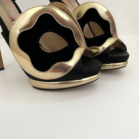 Nickolas Kirkwood Black Satin Gold Leather Pumps 39 - Picture 9 of 12